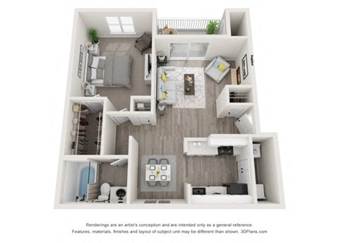 Floor plan for 1 bed, 1 bath, 700 sqft